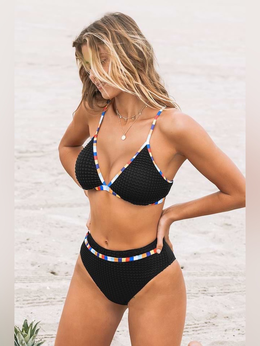 Cupshe Waffle Knit Bikini Bralette & Bottoms in black with rainbow striped trim
